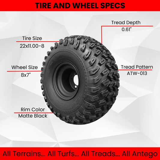 22x11.00-8 with 8x7 Matte Black Wheels for Golf Cart (1 Right 1 Left)
