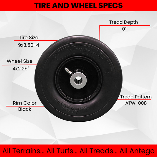 9x3.50-4 Flat Free Tire and Wheel Assemblies - Fits ExMark 103-1224, 4.5" Hub, 3/4" Caged Roller Bearings (Qty: 1)