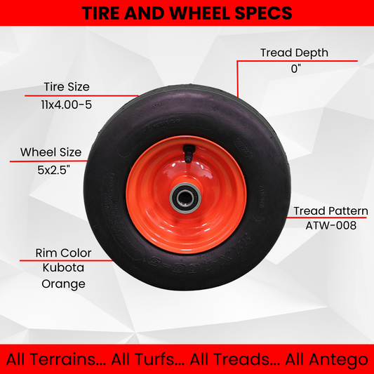11x4.00-5 Tires & 5.25 Kubota Orange Wheels 4 Ply for Lawn & Garden Mower (Set of 2)