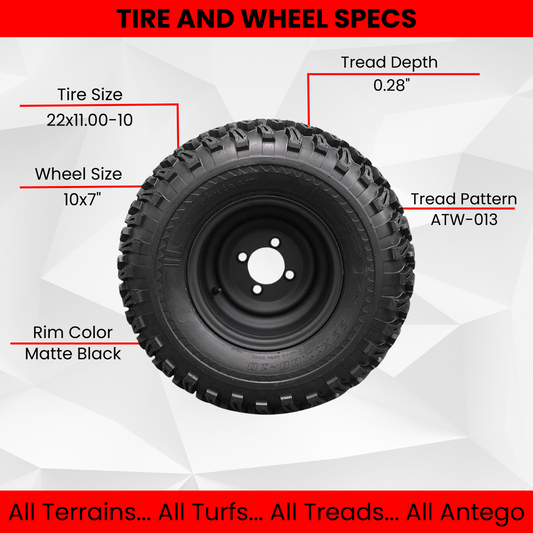 22x11.00-10 with 10x7 Matte Black Wheels for Golf Cart (Set of 4)