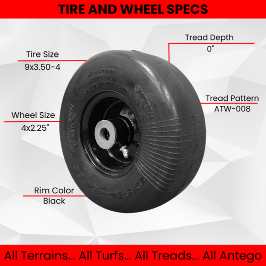 9x3.50-4 Flat Proof, Smooth Semi Pneumatic with Black Wheel (Set of 4) Replacement for ARIENS and Gravely