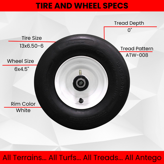 13x6.50-6 4 Ply Smooth with 6x4.5 White Wheel Assembly for Exmark & Toro (Set of 2)