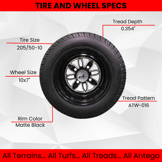 205/50-10 with 10x7 Fusion Glossy Black Wheels for Golf Cart (Qty: 1 Assembly)