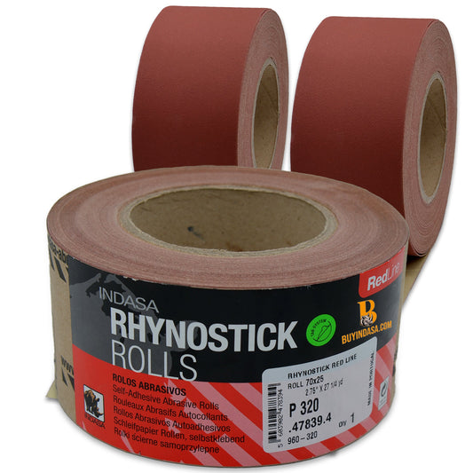 Indasa 2.75" PSA Long Board Sanding Rolls – Rhynostick Red Line, Sticky-Back, 36–600 Grit (960 Series)