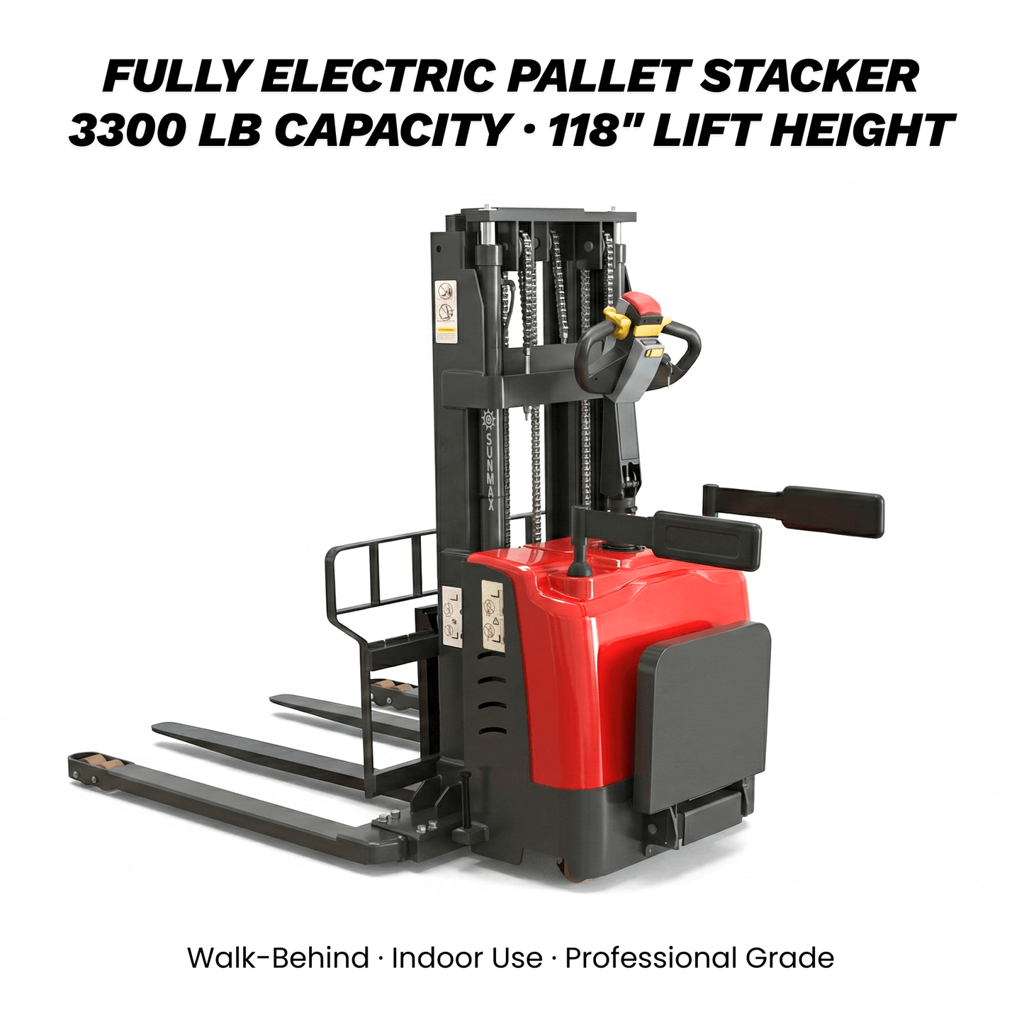 PS3300FEAS-3M Full-Electric Straddle Pallet Stacker – 3,300 lb Capacity, 118" Lift, Adjustable Legs