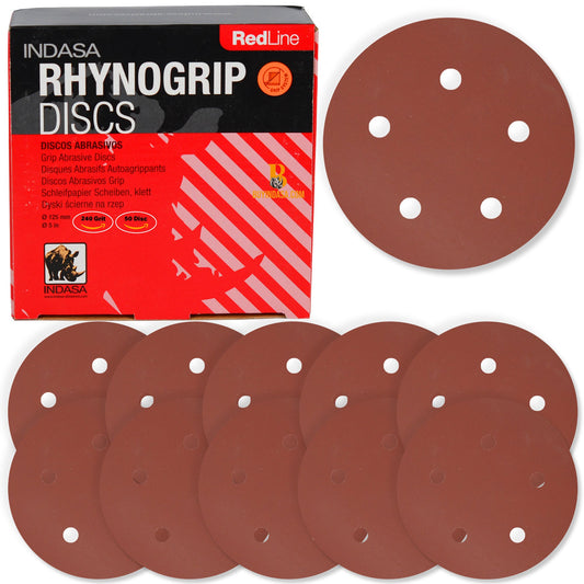 Indasa 5" 5-Hole Vacuum Sanding Discs – Rhynogrip Red Line, Hook & Loop, 40–2000 Grit (520 Series)