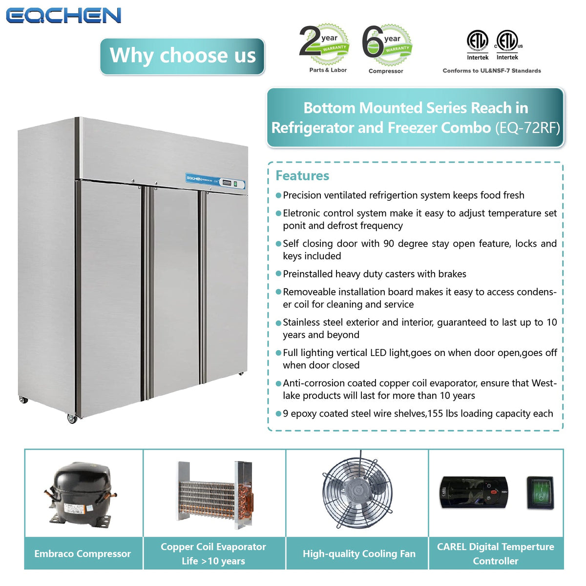 EQCHEN 3 Door 72 Inch Wide Refrigerator Freezer Combo