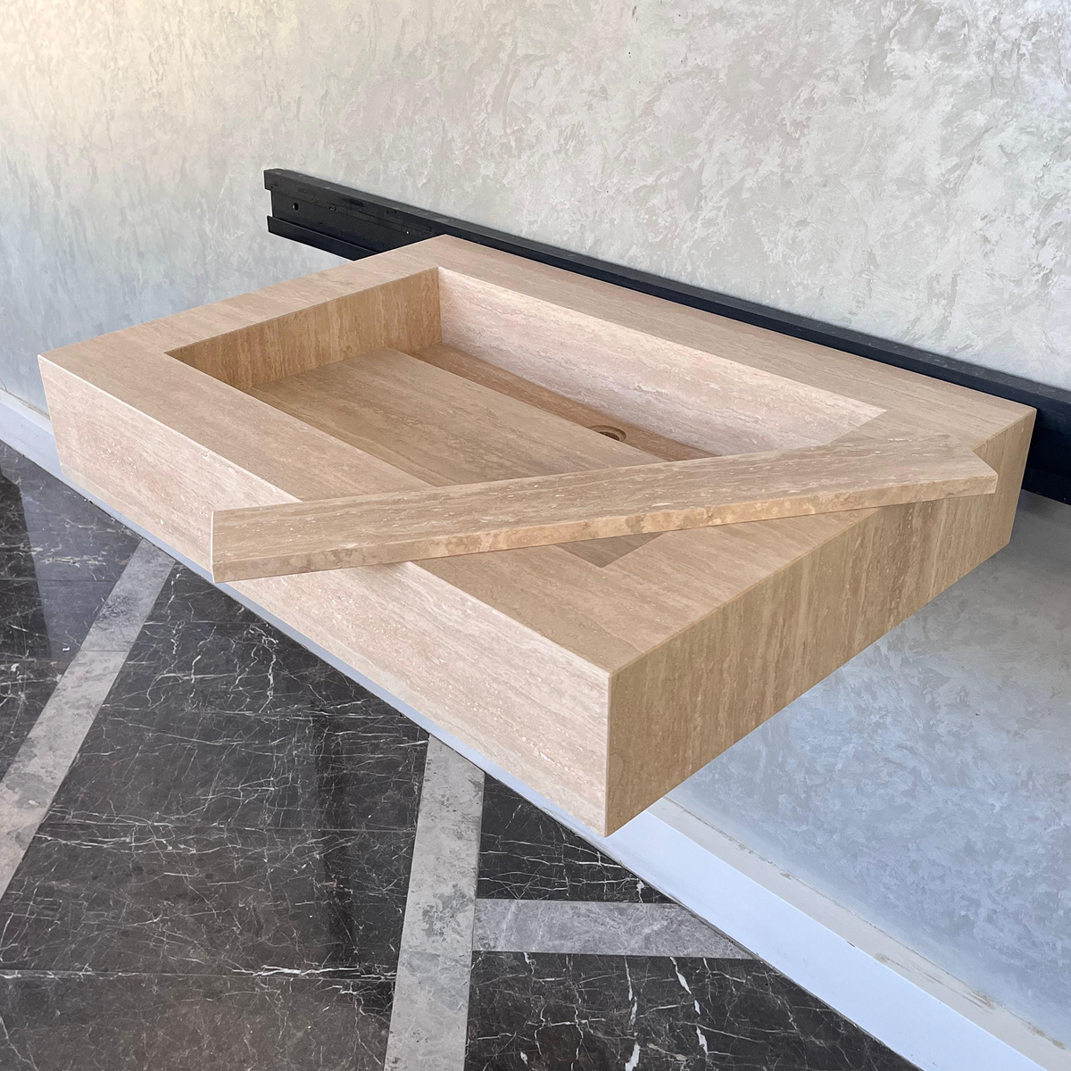 Beige Travertine Vein Cut Natural Stone Bathroom Vanity Sink