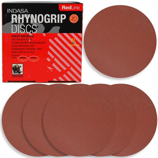 Indasa 6" Solid Sanding Discs – Rhynogrip Red Line, Hook & Loop, 40–2000 Grit (620 Series)