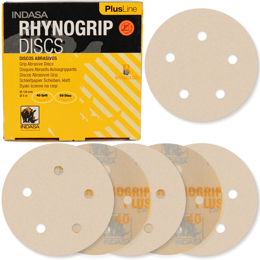 Indasa 5" 5-Hole Vacuum Sanding Discs – Rhynogrip Plus Line, Hook & Loop, 40–1000 Grit (1054 Series)