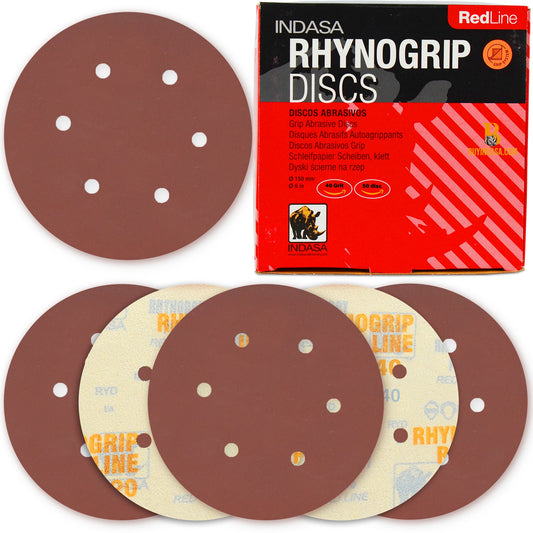 Indasa 6" 6-Hole Vacuum Sanding Discs – Rhynogrip Red Line, Hook & Loop, 36–2000 Grit (630 Series)