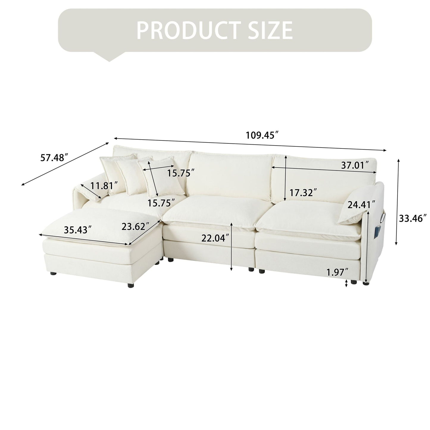 Modern Comfy Deep Seat Modular Sectional Sofa Cloud Couch With Ottoman