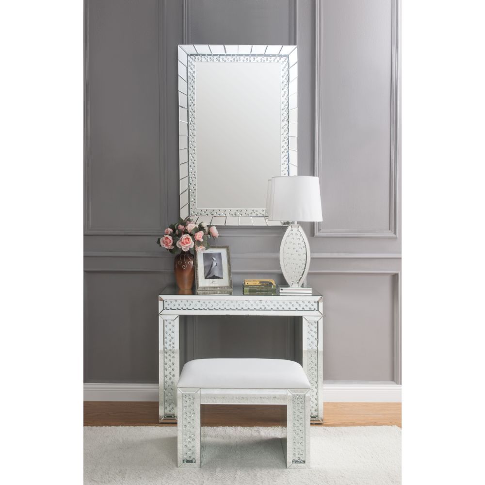 Nysa - Vanity Stool - Ivory Synthetic Leather , Mirrored & Faux Crystals