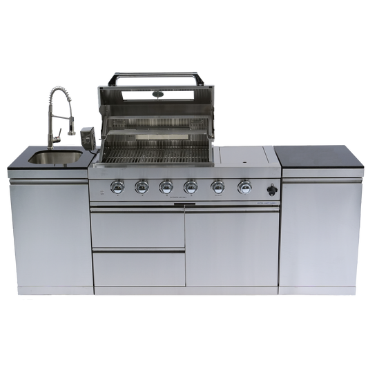 NG 85" 4-Burner 72,000 BTU Silver Outdoor Kitchen Island Grill + Side B & Storage Cabinets & Sink