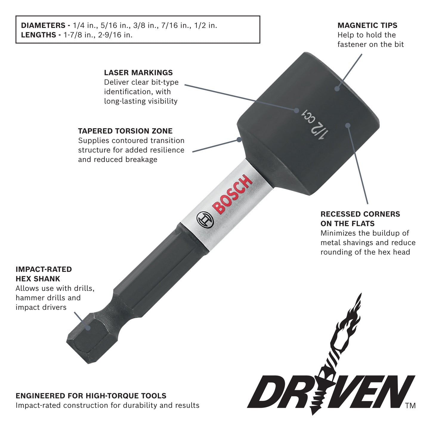 BOSCH ITDNS716 Driven 7/16 In. x 1-7/8 In. Impact Nutsetter
