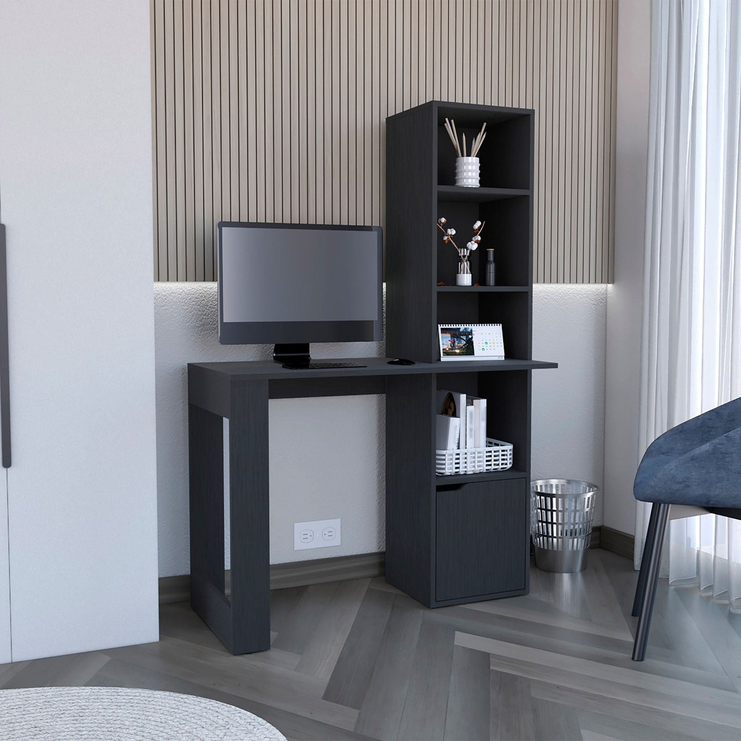 Writing Desk With Bookcase And Cabinet - Black