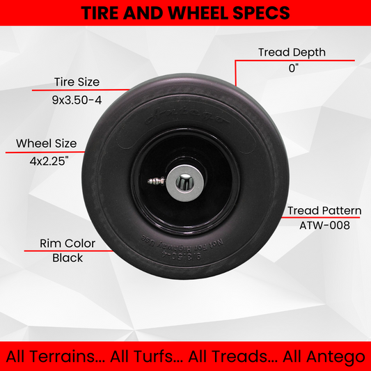 9x3.50-4 Flat Free Tire and Wheel Assemblies - Fits GRAVELY 45205, 3.25" Hub, 3/4" Caged Roller Bearings (Set of 2)