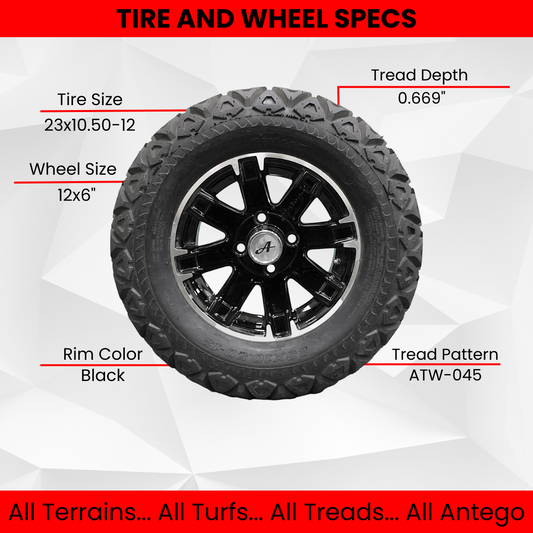 23x10.50-12 with 12x6 Black Aluminum Wheels for Golf/ATV/UTV (Set of 4)