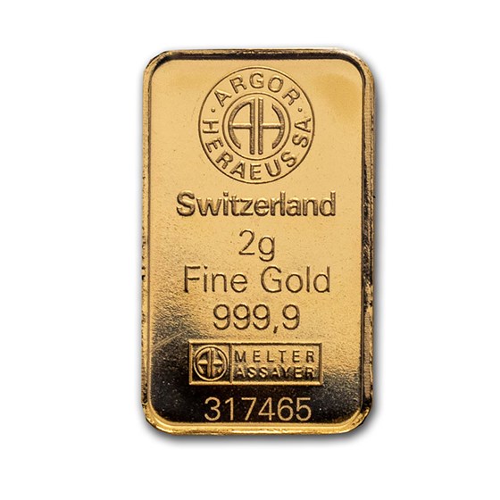 2 Gram Gold Bar Argor-Heraeus .9999 Fine In Assay 0.0643 Oz