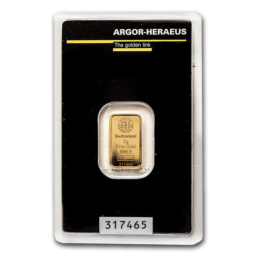 2 Gram Gold Bar Argor-Heraeus .9999 Fine In Assay 0.0643 Oz