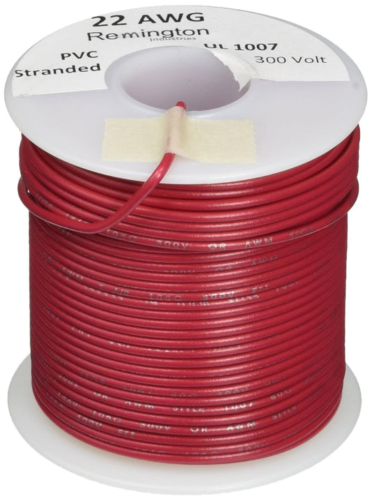 22 AWG Gauge Stranded Hook Up Wire, 100 ft Length, Red, 0.0253" Diameter, UL1007, 300 Volts