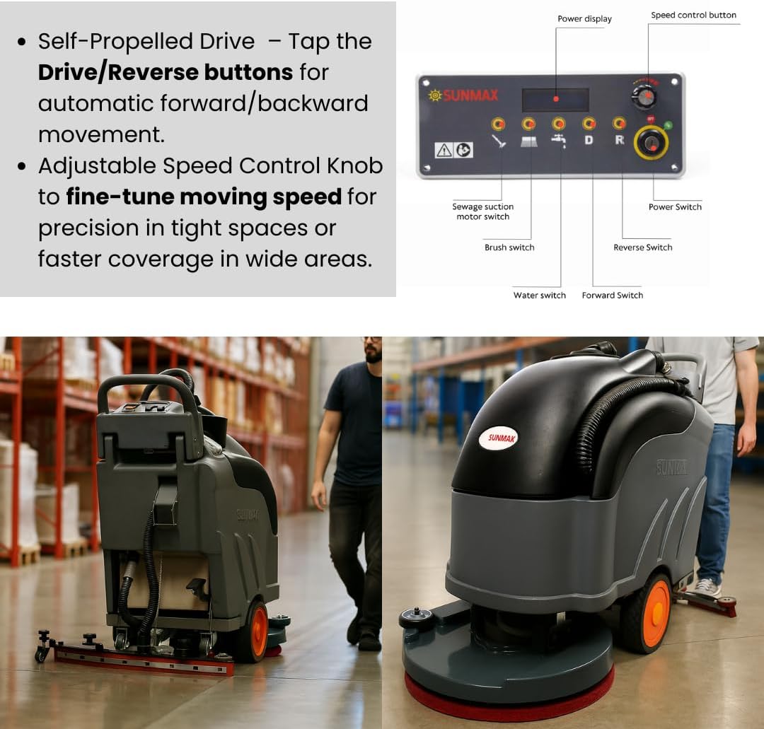 22" Self-Propelled Walk-Behind Floor Scrubber Dryer Machine, Forward & Reverse Drive, Adjustable Speed, 36,000 Ft²/h, 3.5-Hour Fast Charging, Up to 5 Hours Runtime, LiFePO4 Battery