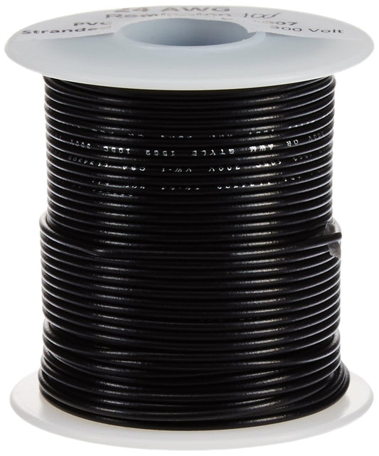 24 AWG Gauge Stranded Hook Up Wire, 100 ft Length, Black, 0.0201" Diameter, UL1007, 300 Volts