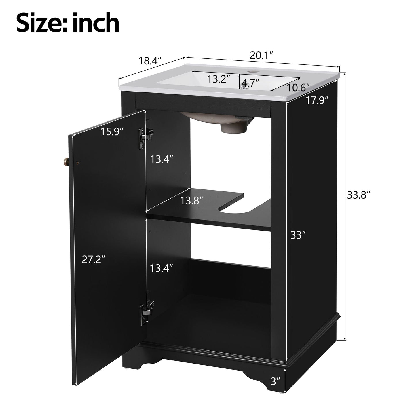 Bathroom Vanity With Sink, Freestanding Single Cabinet Set, Soft Close Door, Adjustable Shelf