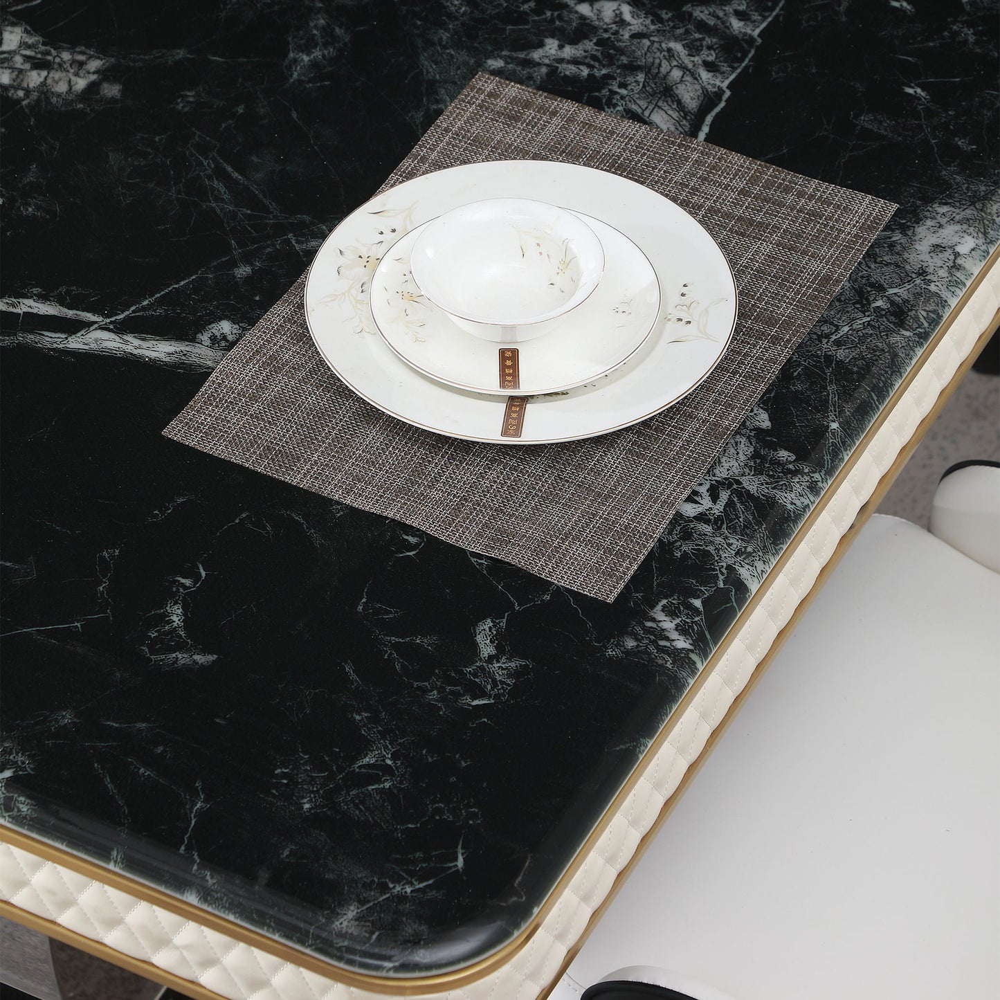 Luxury Modern Dining Table With 6 Chairs Marble Top Titanium Plated Base - Black