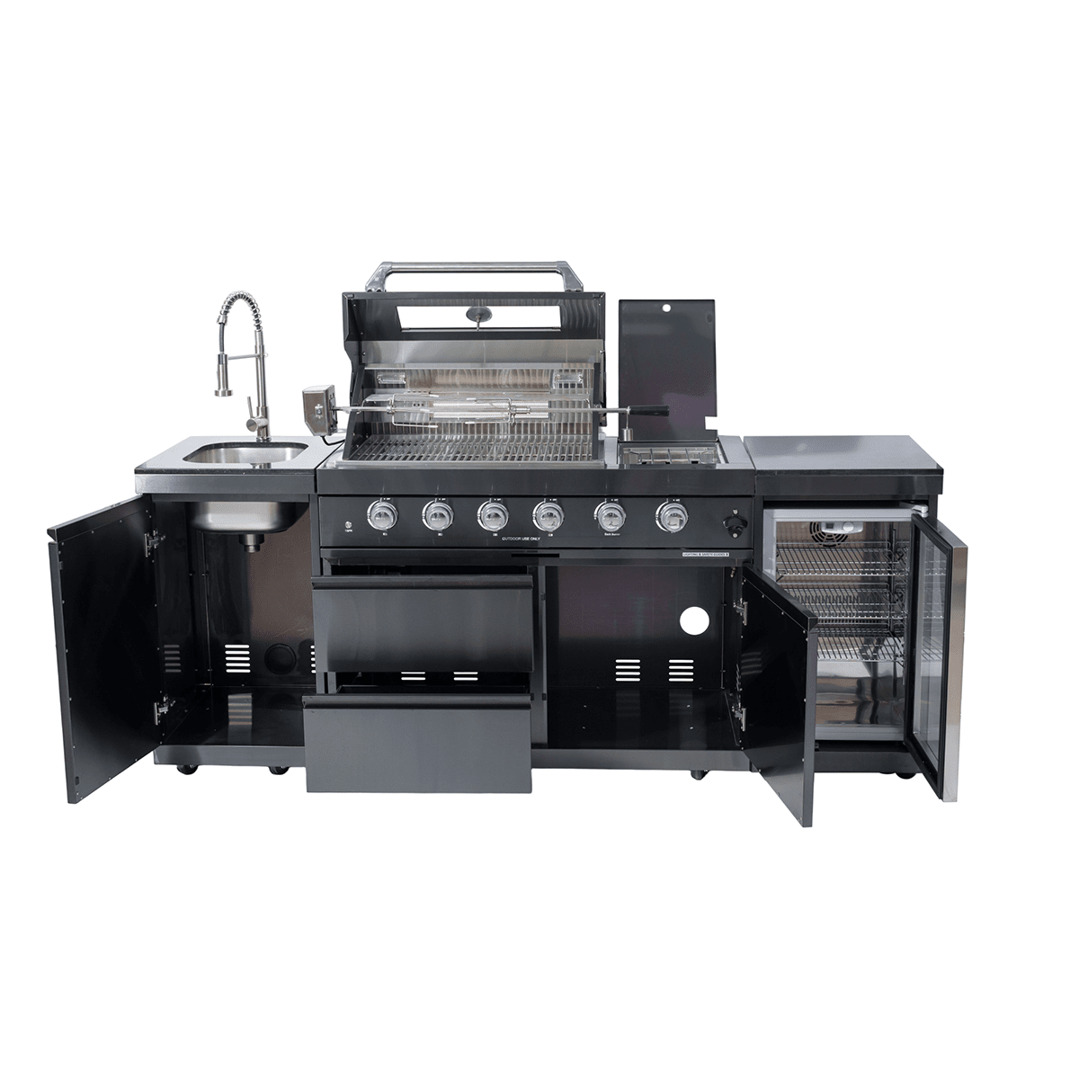 NG 85" 4-Burner 72,000 BTU Black Outdoor Kitchen Island Grill + Refrigerator + Sink