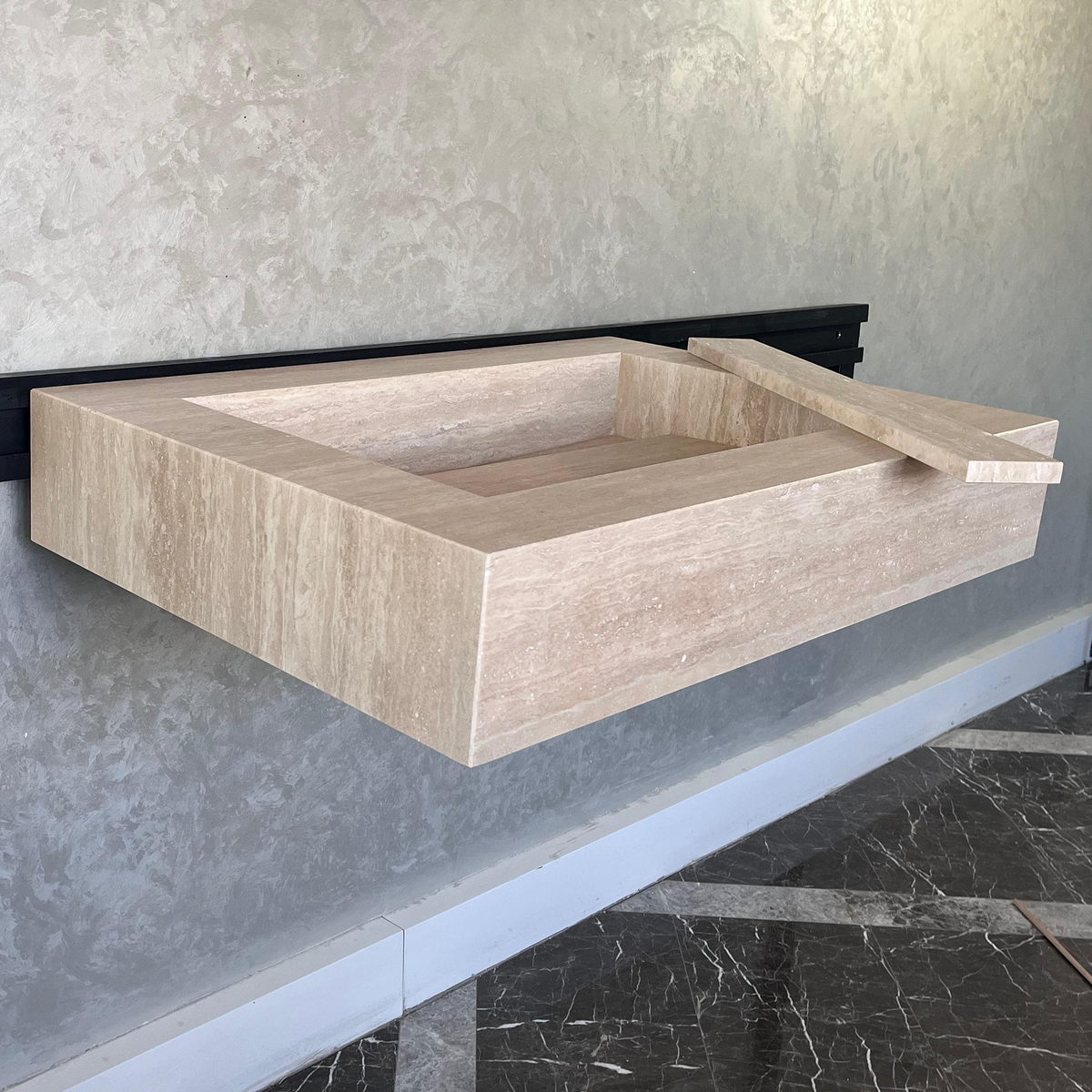 Beige Travertine Vein Cut Natural Stone Bathroom Vanity Sink