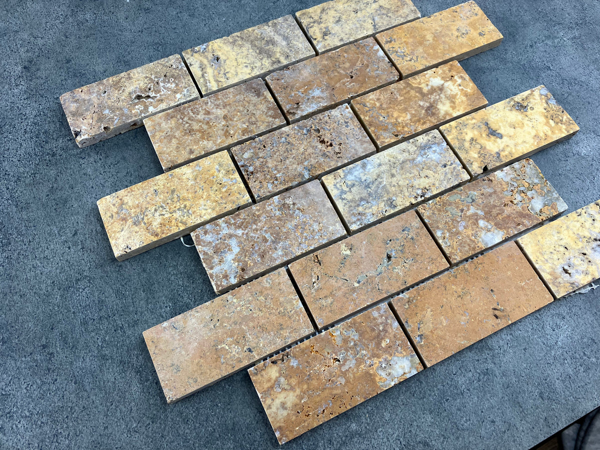 Scabos Travertine 2"x4" Brick Honed on 12" x 12" Mesh Mosaic Tile