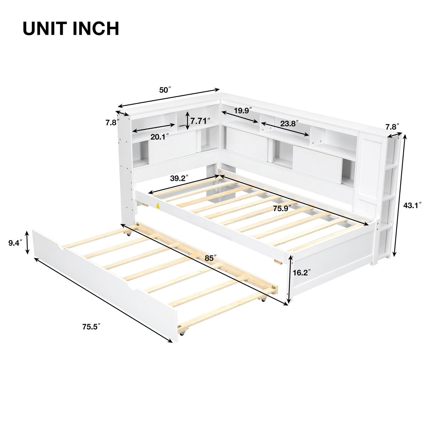 Daybed With Storage Shelves, USB Charging, And Trundle Bed