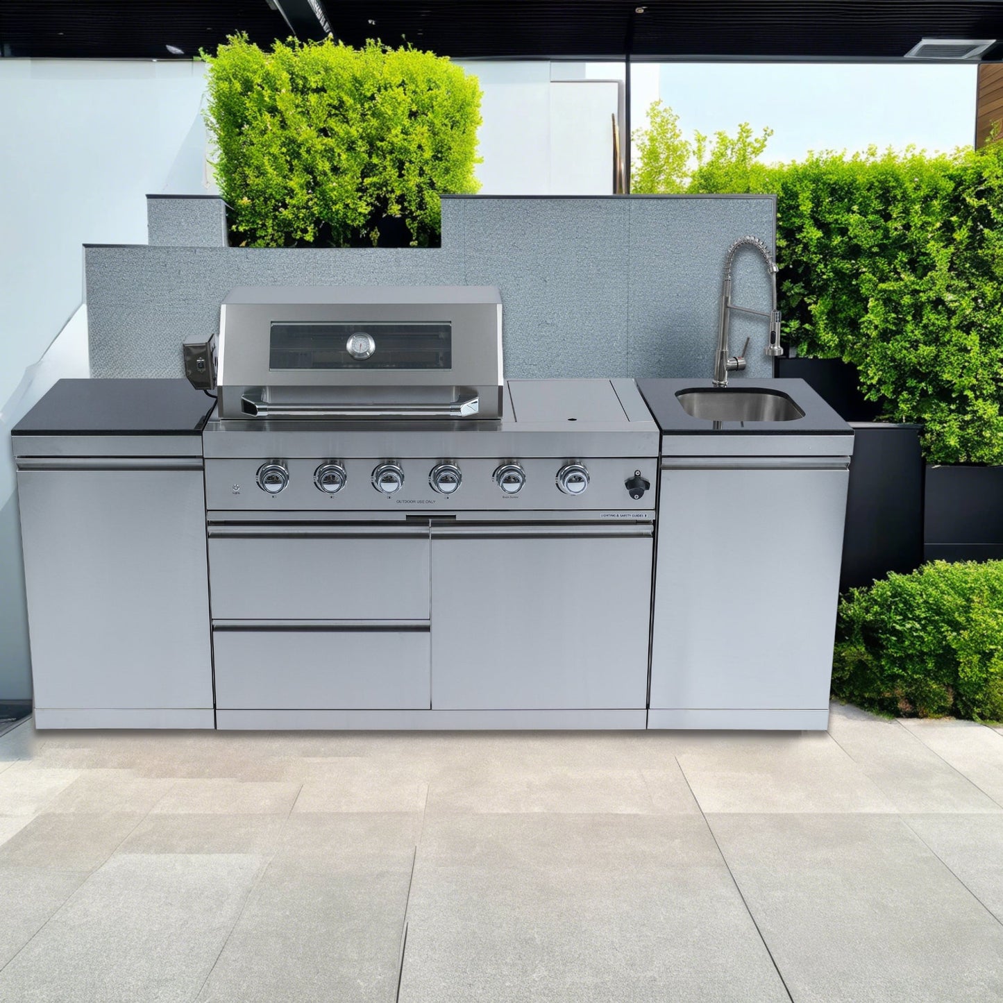 NG 85" 4-Burner 72,000 BTU Silver Outdoor Kitchen Island Grill + Side B & Storage Cabinets & Sink