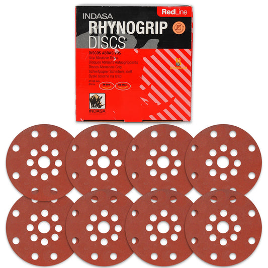 Indasa 6" 17-Hole Vacuum Sanding Discs – Rhynogrip Red Line, Hook & Loop, 36–1500 Grit (690-17 Series)