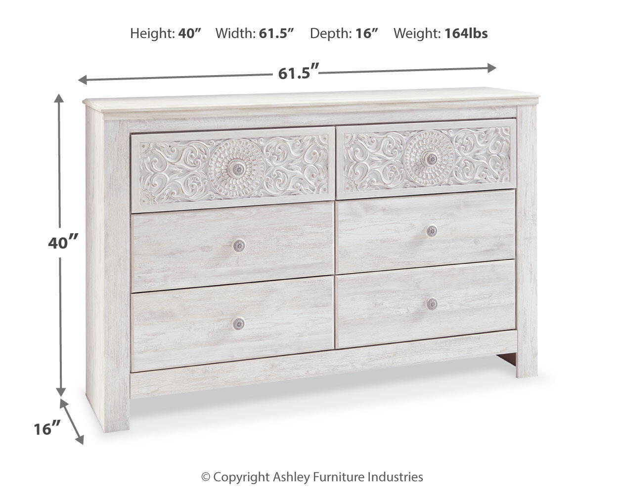 Paxberry - Six Drawer Dresser - Medallion Drawer Pulls - Whitewash