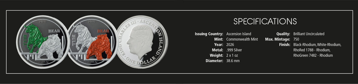 2026 Ascension Island RhoDimension Bull & Bear 2 x 1 oz Silver Coin Set - Mintage 750