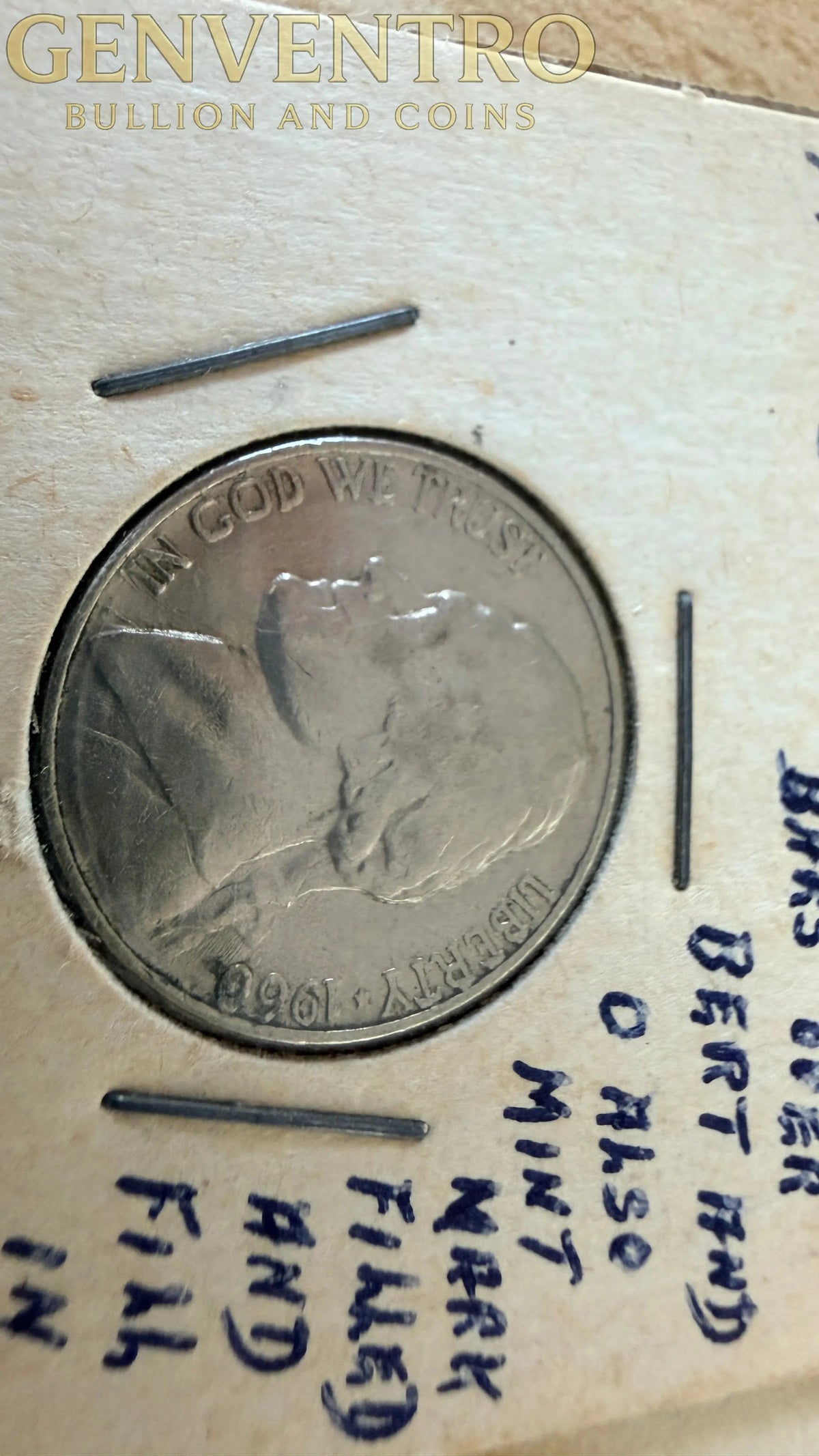 1960-D Jefferson Nickel Bars over Bert - Filled Mint Mark - Error Coin