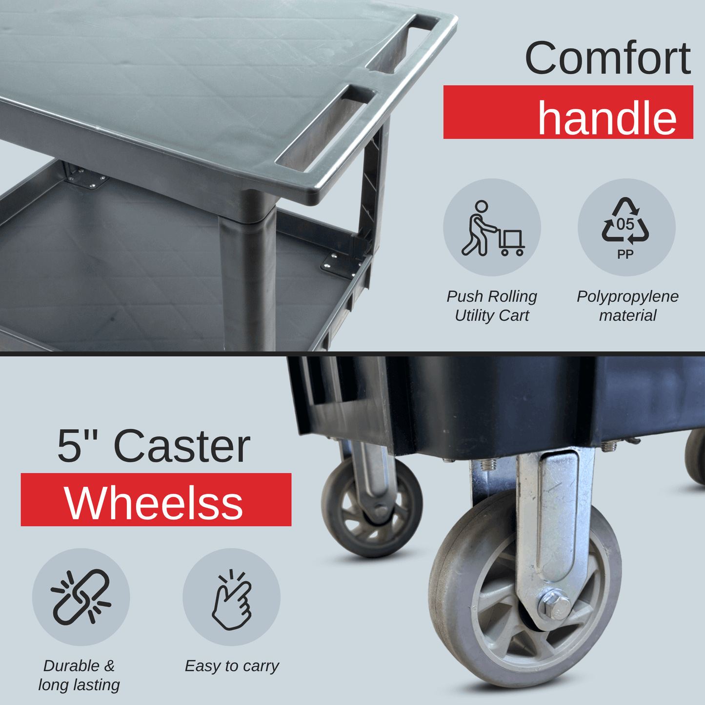 SC2500DP Heavy-Duty Utility Cart with Flat Top Shelf – 2-Tier Rolling Service Cart