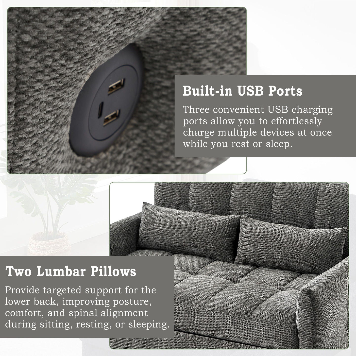 Loveseat Sofa Pull-Out Bed With Adjustable Backrest, 3 USB Ports And 2 Lumbar Pillows For Living Room