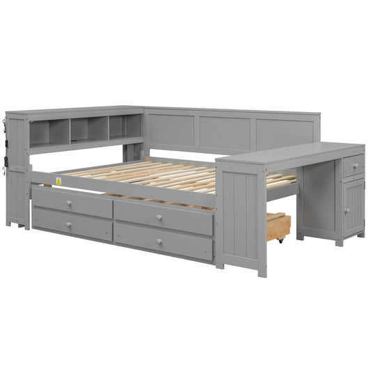 Daybed With Storage Shelves, Drawers, Trundle, Charging Station, LED Light, Desk And Cabinet