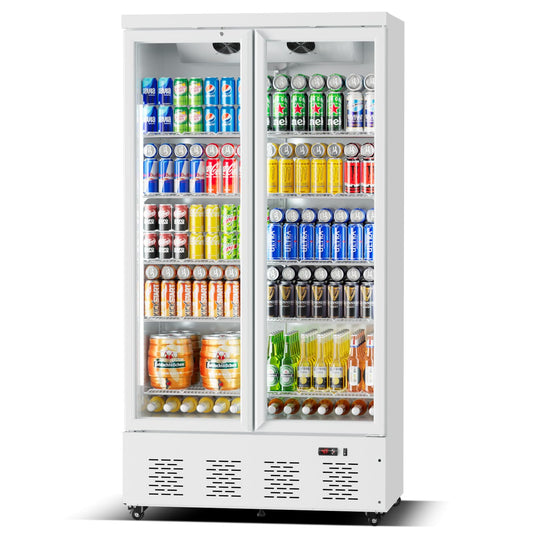 41.4''W White Commercial Refrigerators, 30.5 Cu.Ft 2 Glass Door Commercial Beverage Refrigerators Upright Display Cooler with LED Light and 10 Adjustable Shelves for Restaurant Stores