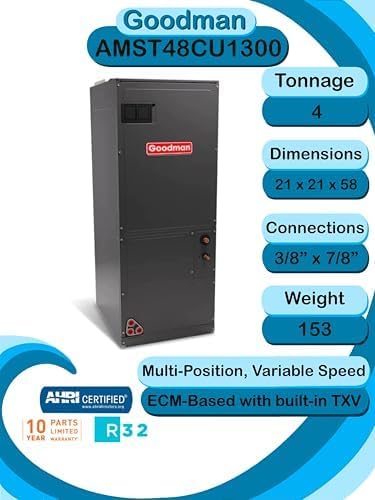 Goodman 4 TON 15.2 SEER2 Multi-Position R-32 Heat Pump System with air handler (GLZS4BA4810 condenser and AMST48CU1300 air handler)