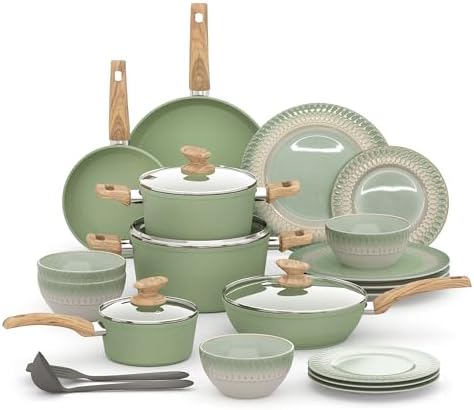 Kitchen Academy 12Pcs Granite Cookware Set + 12 Pcs Stoneware Dinnerware Sets for 4
