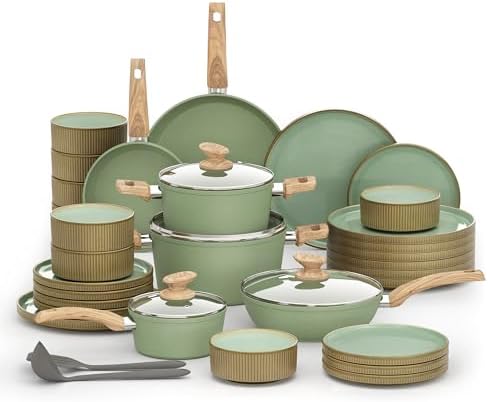 Kitchen Academy 12Pcs Granite Cookware Set + 24 Pcs Stoneware Dinnerware Sets for 8