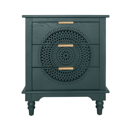 Hollow Carved 3 Drawer Dresser With Metal Handles, Storage Chest For Living Room Or Bedroom - Blackish Green