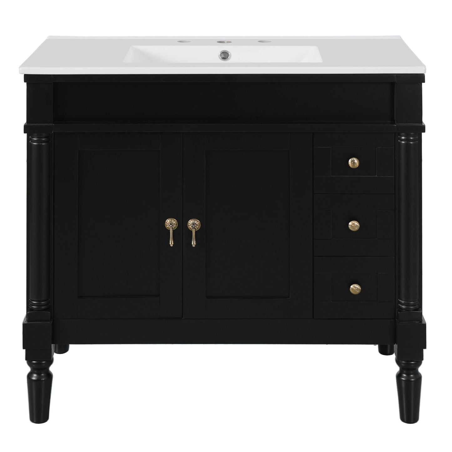 Bathroom Vanity With Ceramic Sink, 2 Doors 3 Drawers, Soft Close Design
