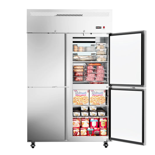 48"W 4 Door Commercial Freezer, 36 Cu.ft Stainless Steel Upright Freezer (-8℉ to -1℉) with 8 Adjustable Shelves, Lockable Door, Wheels, Auto-Defrost for Restaurant, Kitchen, Shop