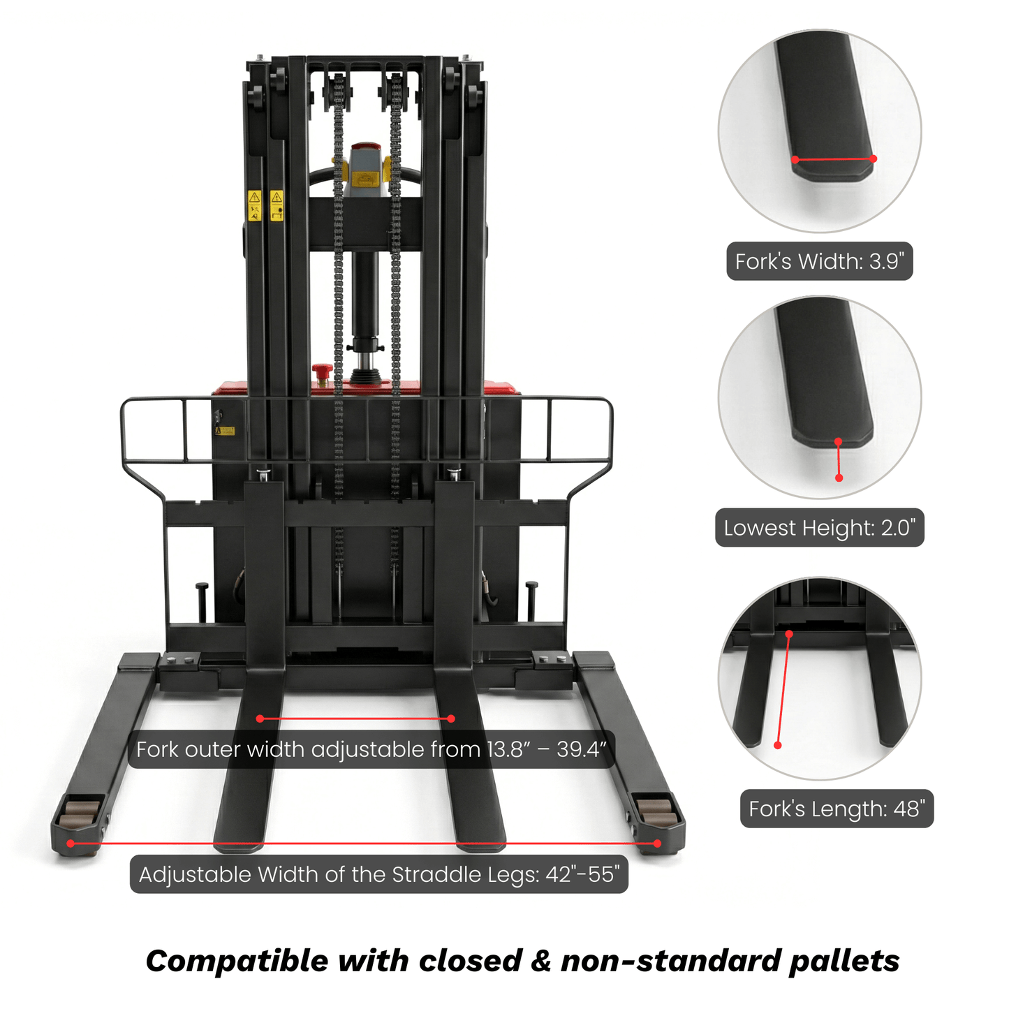 PS3300FEAS-3M Full-Electric Straddle Pallet Stacker – 3,300 lb Capacity, 118" Lift, Adjustable Legs