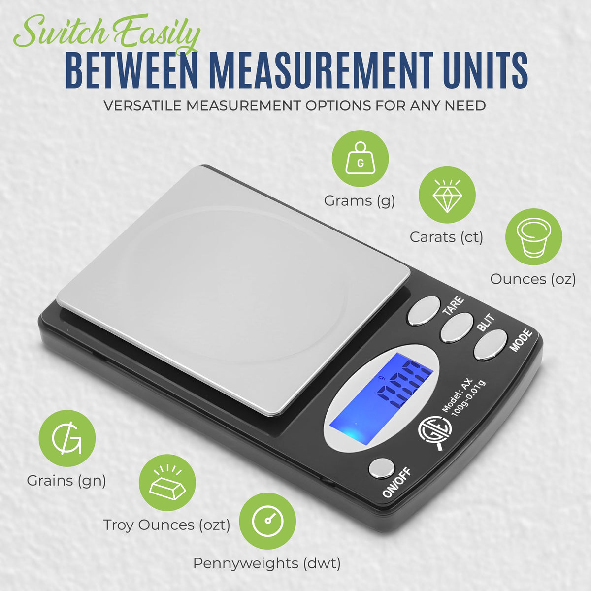 GTE 100AX Digital Jewelry Scale – 100g x 0.01g Precision, 6 Weighing Modes